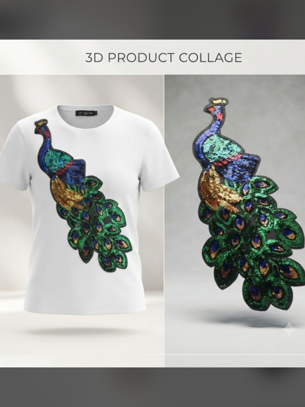 White T-Shirt with Sequin Peacock Patch - Size 14, MY·DBSH Cotton Bling Top